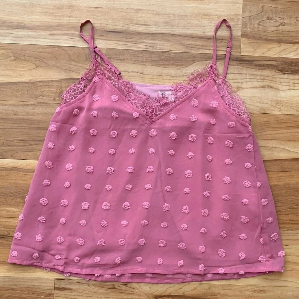 Lisa Robertson Pink Cami Tank Top Textured Polka Dots Lace Size Medium New